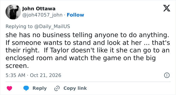 Social media post discussing Taylor Swift’s tense moment with a fan at a stadium game.