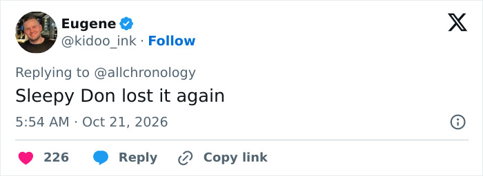 Screenshot of a tweet by user Eugene commenting Sleepy Don lost it again about Trump waving at nobody Screenshot of a tweet by user Eugene commenting Sleepy Don lost it again about Trump waving at nobody