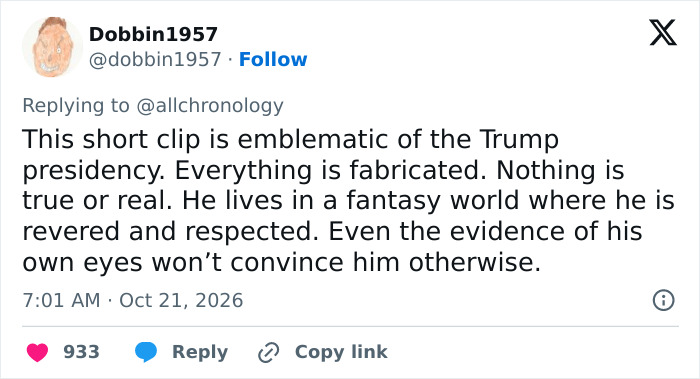 A post reacting to video of Trump waving at nobody, criticizing fabricated appearances. A post reacting to video of Trump waving at nobody, criticizing fabricated appearances.