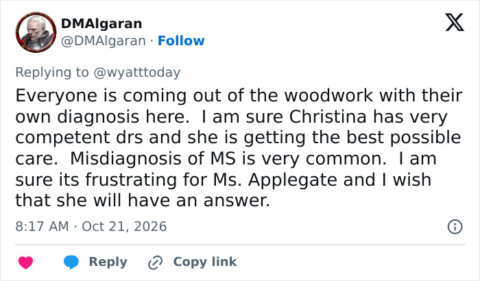 A social media post discussing the misdiagnosis of MS regarding Christina Applegate