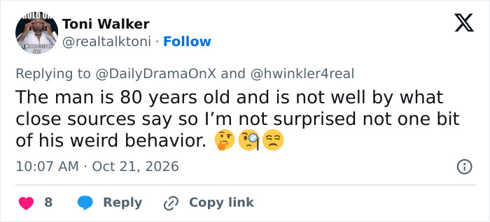 A tweet discussing Donald Trump waving at nobody, speculating on his age and health. A tweet discussing Donald Trump waving at nobody, speculating on his age and health.