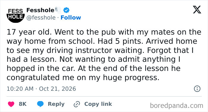 Anonymous confessions post about a person taking a driving lesson after drinking at a pub.
