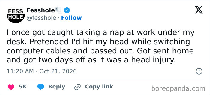 Screenshot of anonymous confessions about faking a head injury to get two days off work.