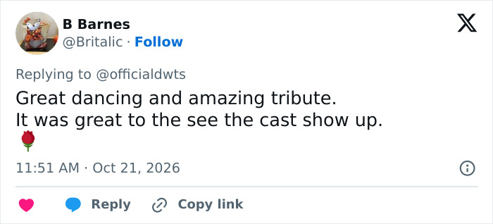 Social media comment highlighting an amazing tribute to a late co-star on a reality show.