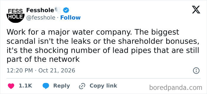 Anonymous confessions online post revealing a secret about lead pipes in a water company.