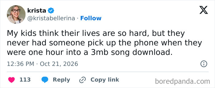 A funny post about downloading music on dial-up internet, included in a roundup of hilarious tweets.
