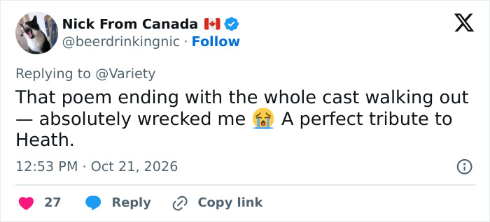 A tweet praising a poem as a perfect tribute to late co-star Heath Ledger.