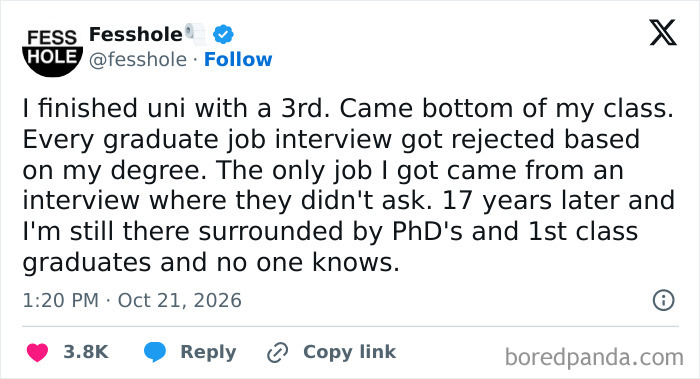 Social media text showing anonymous confessions about hiding a low university degree grade at work.