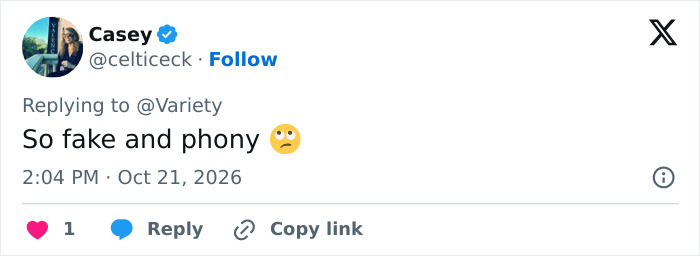 A social media reaction calling a Hollywood actress tribute to a late co-star fake and phony.