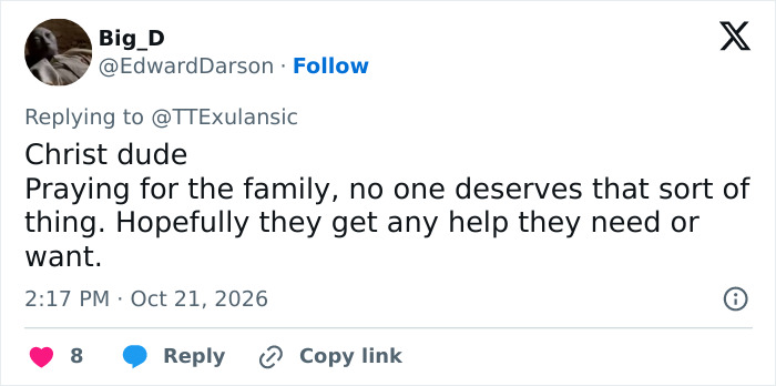 A post from Big_D sending prayers to the family of the video game creator following his d***h.