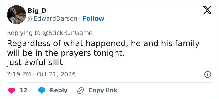 A tweet offering prayers for the video game creator and his family after the incident.