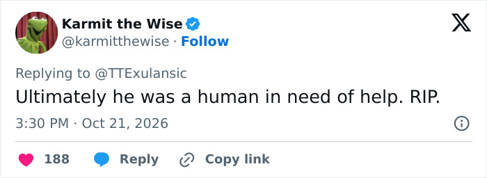 A tweet by Karmit the Wise paying tribute after the influencer died during a livestream.