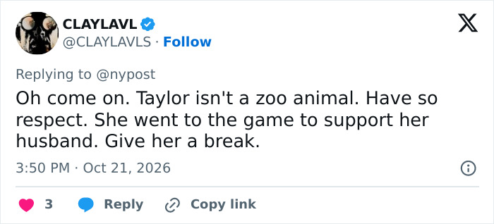 A user defense of Taylor Swift at the Chiefs game asking people to respect her privacy while attending.