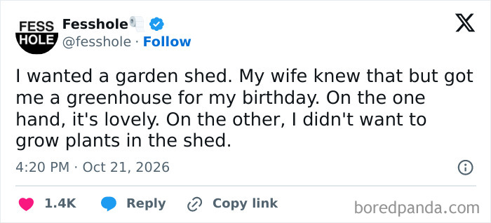Online post featuring anonymous confessions about receiving a greenhouse instead of a garden shed.