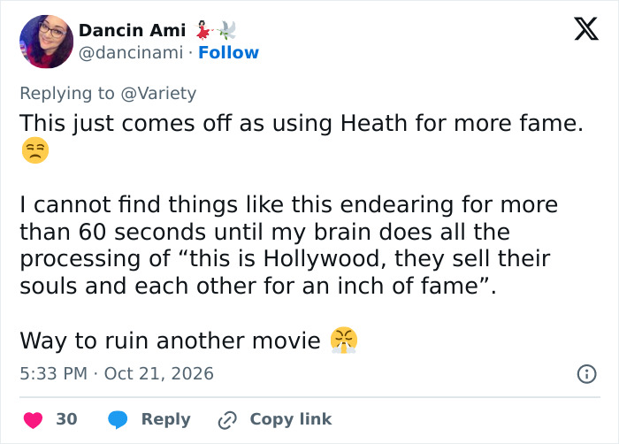 Social media post criticizing a Hollywood actress for her controversial tribute to a late co-star.