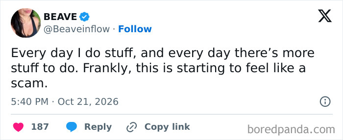 One of the hilarious tweets from October about daily tasks feeling like a scam.
