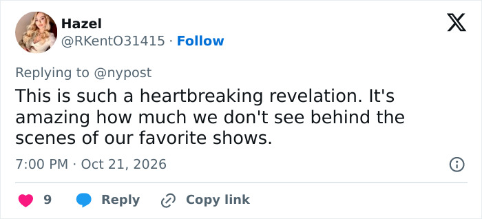 A social media post discussing a heartbreaking reality about a TV show.