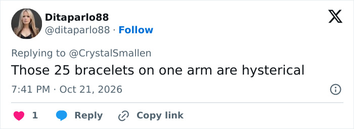 A social media post reacting to Erika Kirk’s viral photos and excessive bracelets. A social media post reacting to Erika Kirk’s viral photos and excessive bracelets.
