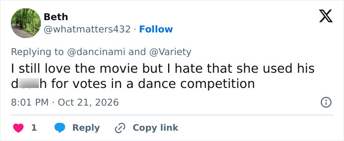 A social media post criticizing a Hollywood actress for using a late co-star for votes on a reality show.