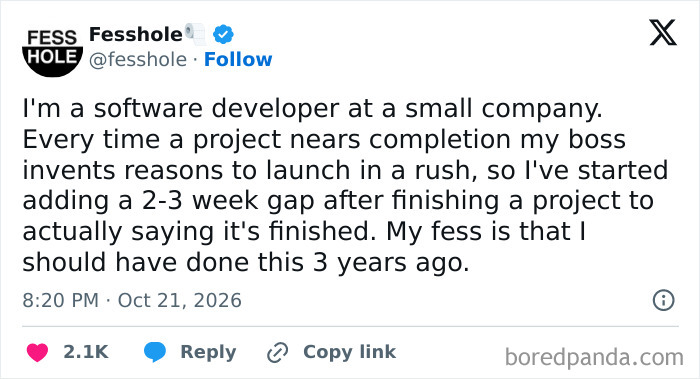 Anonymous confessions post about a software developer padding project completion timelines.