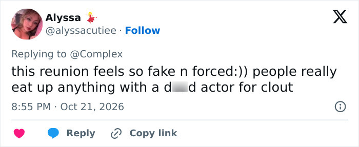 Social media post calling a reunion tribute to late co-star fake and forced.