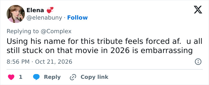 Social media comment criticizing a tribute to late co-star as forced.