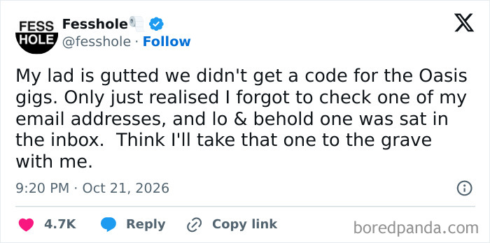 Anonymous confessions post about a person hiding an Oasis gig ticket code from their son.