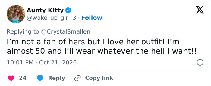 A user post supporting Erika Kirk outfit choices in new viral photos. A user post supporting Erika Kirk outfit choices in new viral photos.