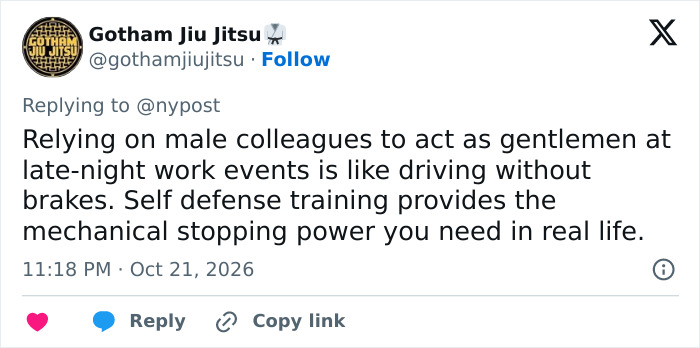 Social media post discussing self-defense for a female employee after alleged crime by Amazon exec