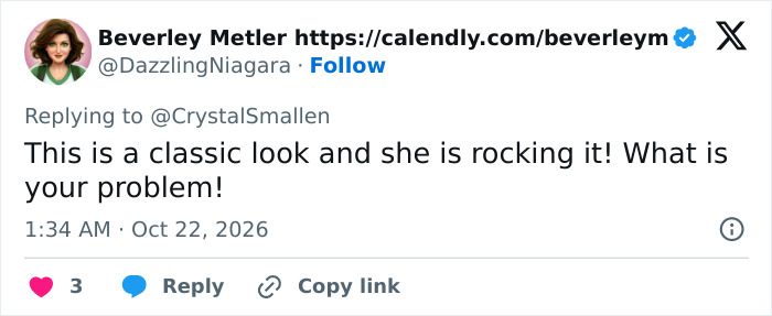 A social media post defending Erika Kirk style, calling it a classic look. A social media post defending Erika Kirk style, calling it a classic look.