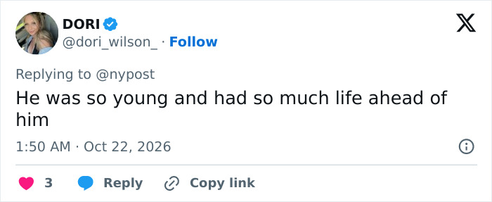 A social media comment from Dori mourning the young influencer lost in the horrific incident.