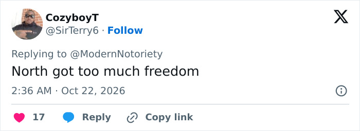 A post discussing North West's Halloween transformation and freedom.