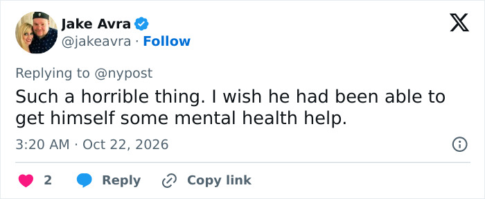 A post by Jake Avra expressing sadness over the loss of the video game creator.