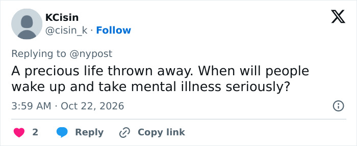 A social media post about a video game creator discussing mental health awareness.
