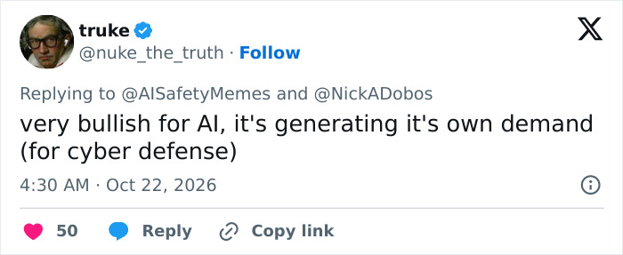 A post by truke commenting on AI agent swarms generating demand for cyber defense. A post by truke commenting on AI agent swarms generating demand for cyber defense.