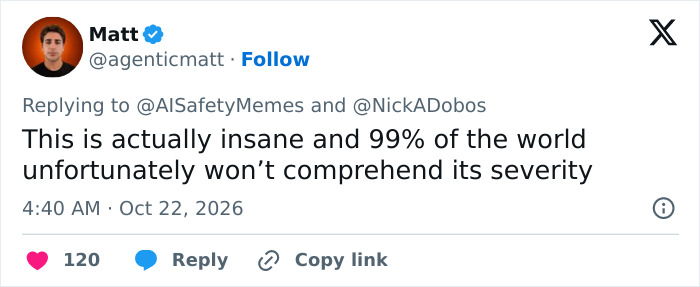 Social media user expressing concern over the severity of AI agent swarms hacking online systems. Social media user expressing concern over the severity of AI agent swarms hacking online systems.