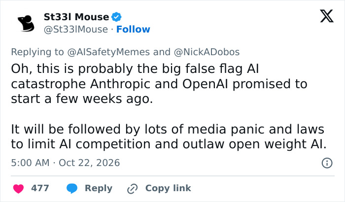 Social media post discussing AI agent swarms and potential false flag events surrounding AI regulation. Social media post discussing AI agent swarms and potential false flag events surrounding AI regulation.