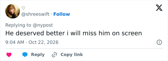 A social media comment from a fan expressing how much they will miss Matthew Perry on screen.