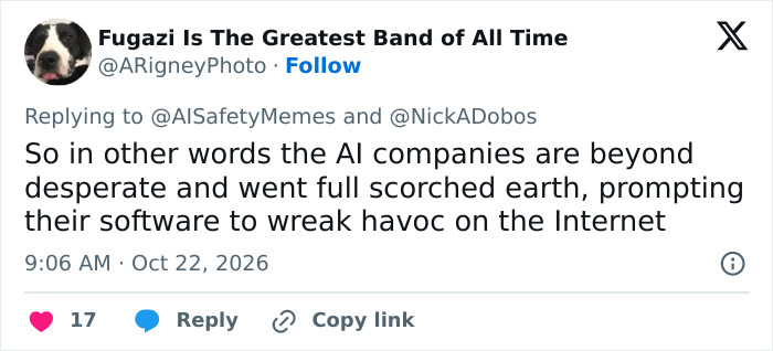 X post commenting on AI agent swarms and software causing havoc across the internet. X post commenting on AI agent swarms and software causing havoc across the internet.