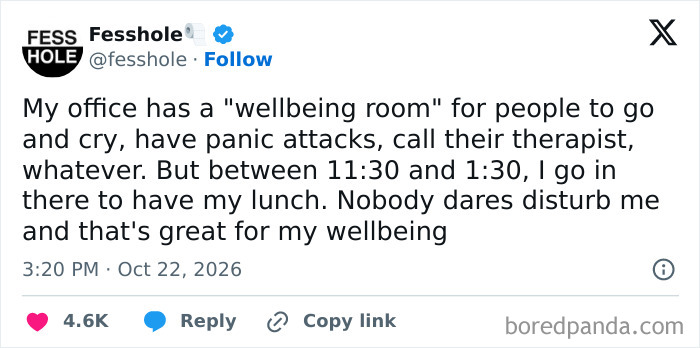 Anonymous confessions post sharing a story about eating lunch in an office wellbeing room.