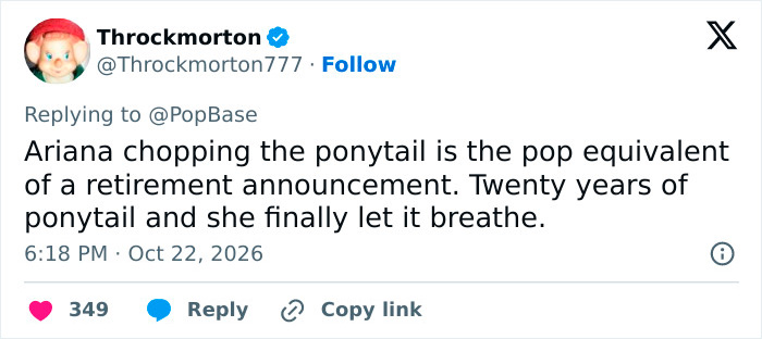 Social media post discussing Ariana Grande ditching her signature ponytail for a new look.