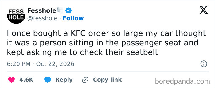 Anonymous confessions tweet about buying a KFC order big enough to trigger the passenger seatbelt alarm.