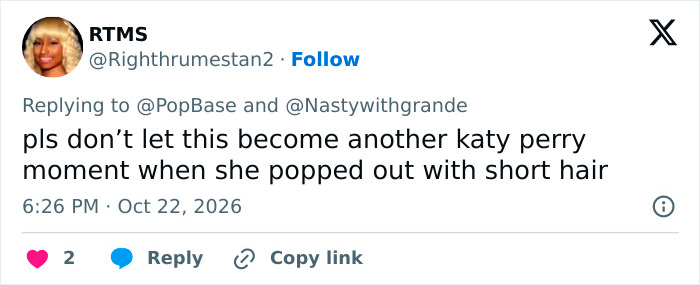X post discussing celebrity style changes and Ariana Grande short hair transformation.