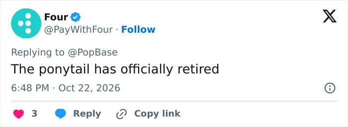 A social media post reacting to Ariana Grande ditching her signature ponytail for a new look.