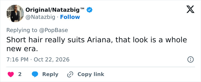 Social media post commenting on Ariana Grande short hair transformation and new style era.