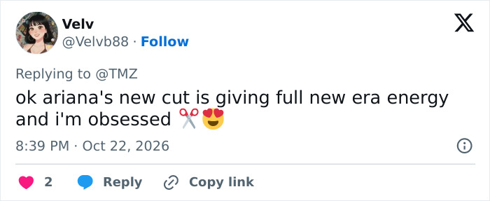 Tweet expressing excitement over Ariana Grande dramatic hair transformation