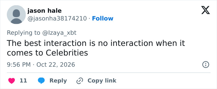 A social media comment discussing Jenna Ortega interacting with fans and avoiding public encounters. A social media comment discussing Jenna Ortega interacting with fans and avoiding public encounters.