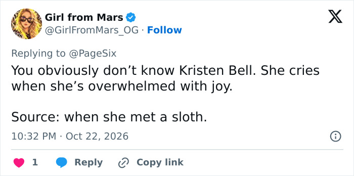 Tweet mentioning Kristen Bell crying when overwhelmed with joy and meeting a sloth