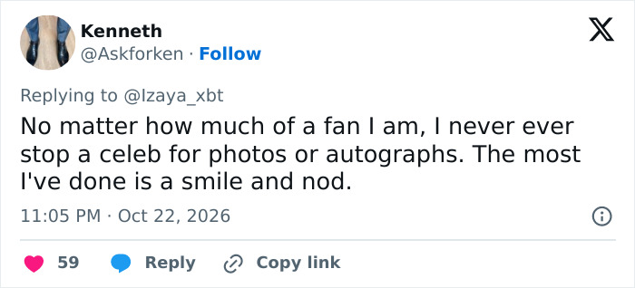 A tweet sharing a personal rule about not bothering celebrities for photos or autographs. A tweet sharing a personal rule about not bothering celebrities for photos or autographs.