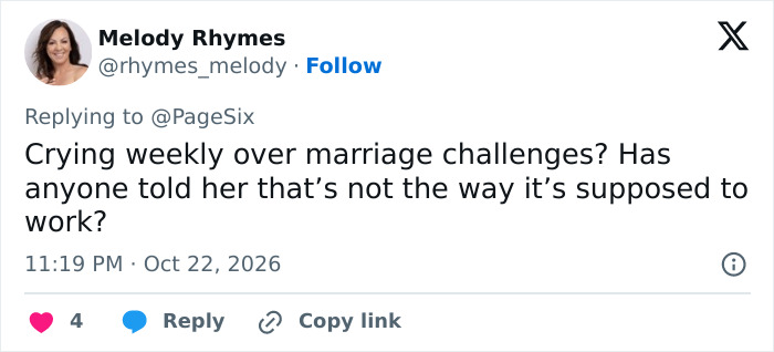 Social media post discussing Kristen Bell crying weekly over marriage challenges